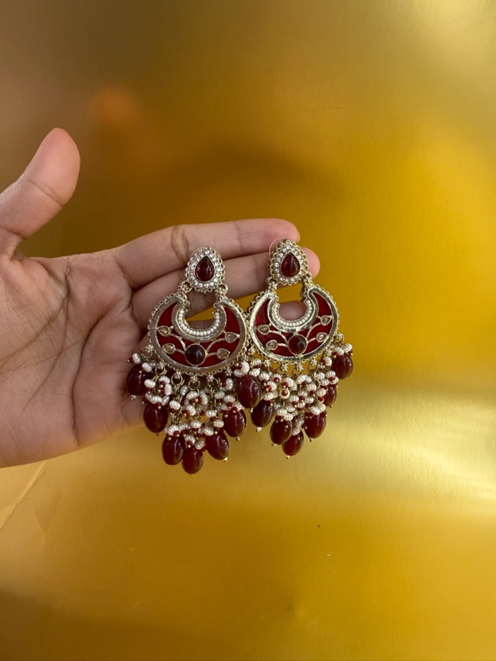 Handmade Red Chandbali Jhumka Earrings - Elegant Women Jewelry